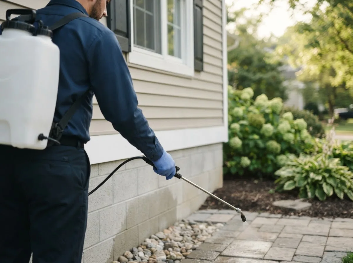 Pest control technician inspecting a home in Maunie, IL